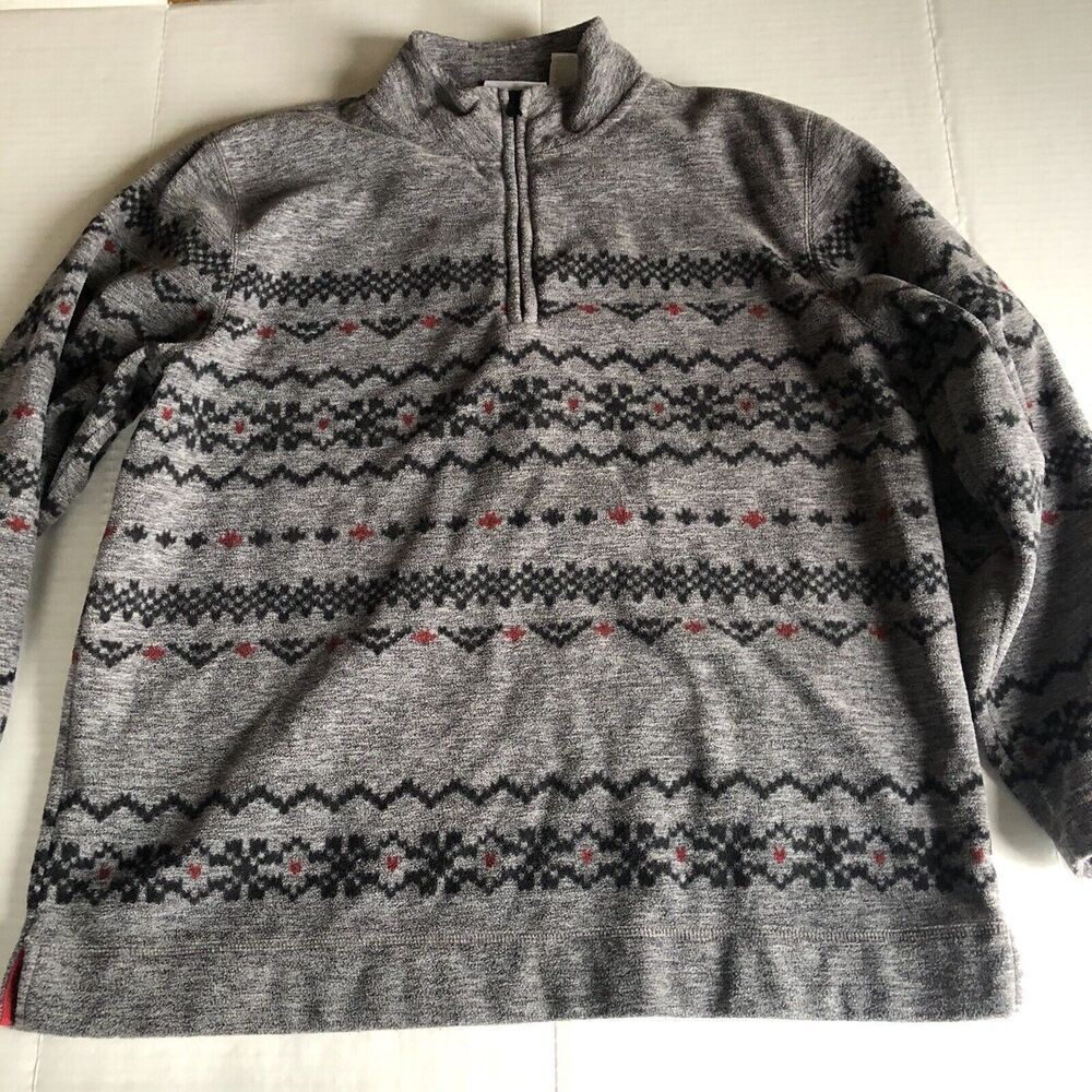 Liz Claiborne Gray 1/4 Zip Fair Isle Snowflake Fleece Pullover Vtg Sz L A3623